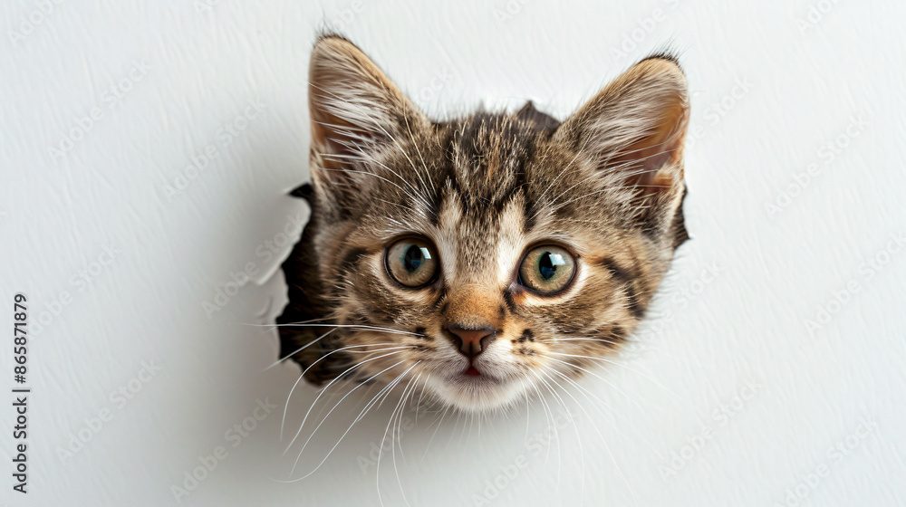 Cute tabby kitten peeking through a hole in a white wall with copy space text for pet, animal, and cute design. Cute tabby kitten peeking through a hole in a white wall with copy space text for pet, animal, and cute design.
