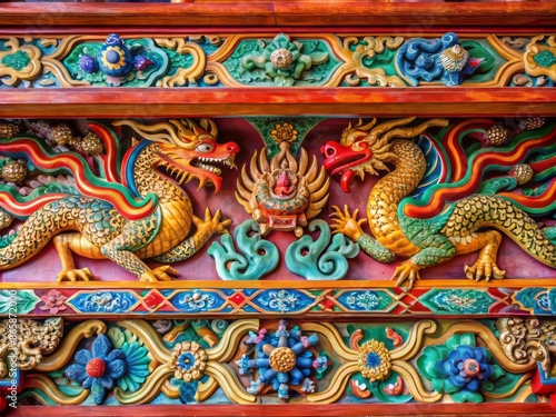 Wallpaper Mural Intricately carved traditional Chinese door beam adorned with auspicious dragons, phoenixes, and florals in vibrant colors, showcasing expert craftsmanship and cultural heritage. Torontodigital.ca