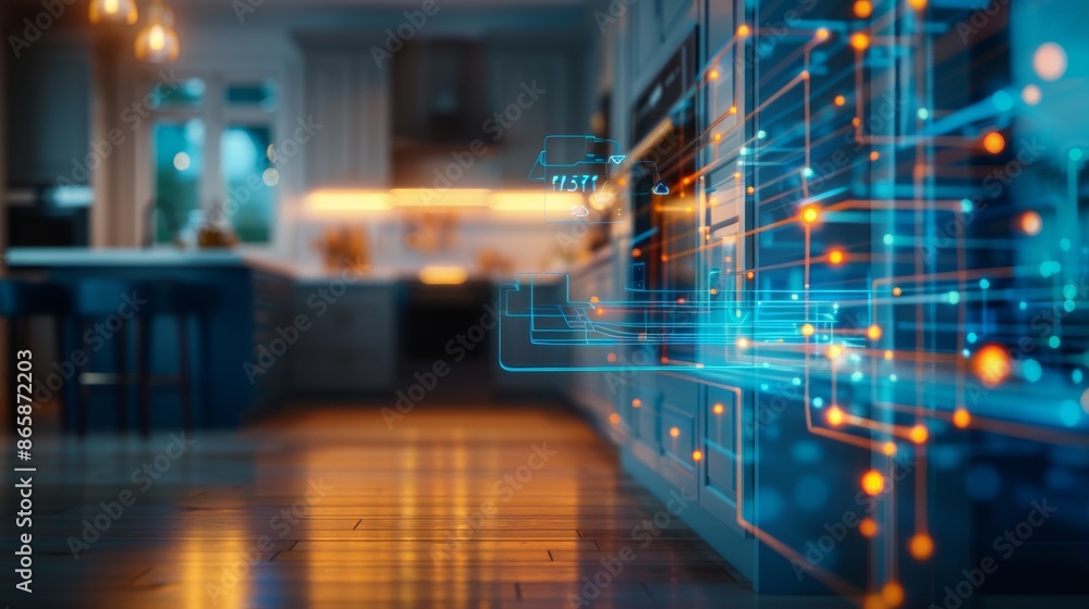 Futuristic smart home kitchen with digital interfaces and glowing blue lines, depicting modern technology integration. Futuristic smart home kitchen with digital interfaces and glowing blue lines, depicting modern technology integration.