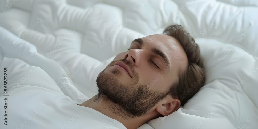 Comfortable Sleep A Man Resting Peacefully on an Orthopedic Mattress and Pillow at Home. Concept Orthopedic Mattress, Comfortable Sleep, Home Resting, Peaceful Rest, Man Sleeping Comfortable Sleep A Man Resting Peacefully on an Orthopedic Mattress and Pillow at Home. Concept Orthopedic Mattress, Comfortable Sleep, Home Resting, Peaceful Rest, Man Sleeping