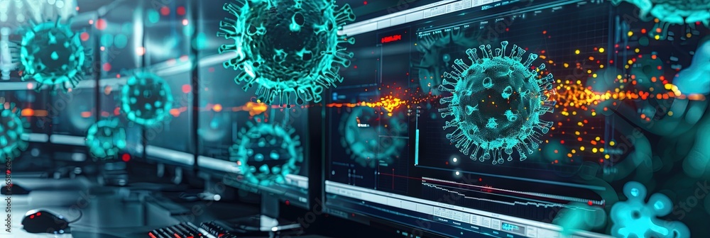 Obraz premium computer virus concept with virus infecting computer equipment