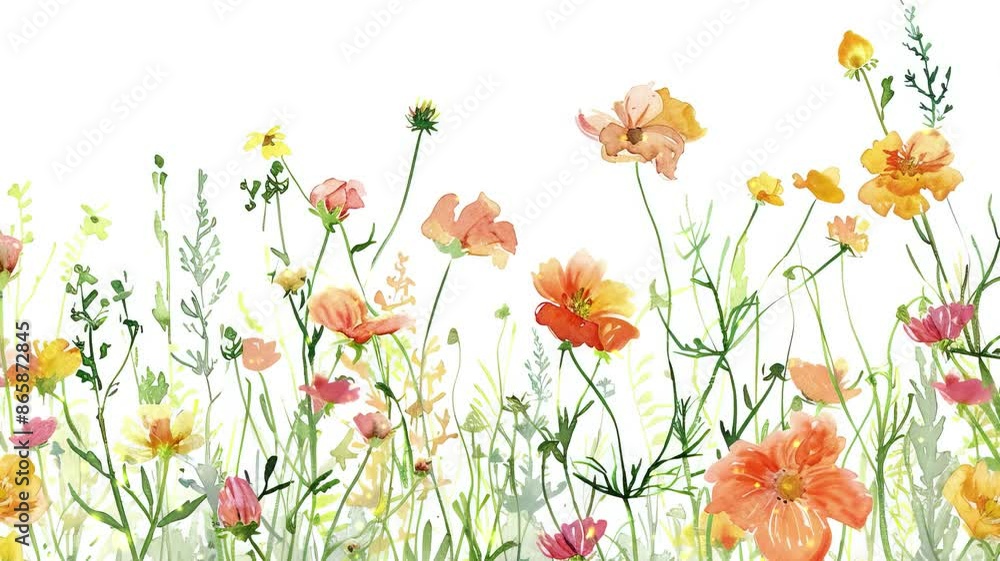 watercolor blue, red, and pink wildflower meadow, pure white background watercolor blue, red, and pink wildflower meadow, pure white background