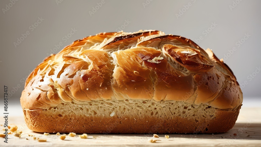 Freshly Baked Loaf of Bread on Wooden Surface.