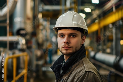 focused factory worker wearing safety helmet standing in front of industrial production line manufacturing concept