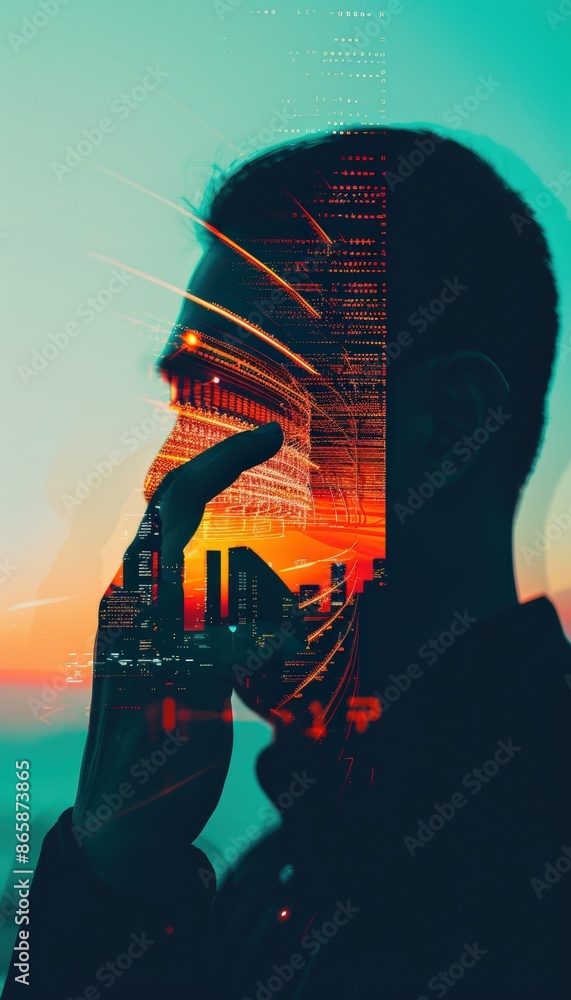 Creative double exposure of a silhouetted person with a cityscape overlay, blending urban life and individual thought under colorful, dynamic light. Creative double exposure of a silhouetted person with a cityscape overlay, blending urban life and individual thought under colorful, dynamic light.