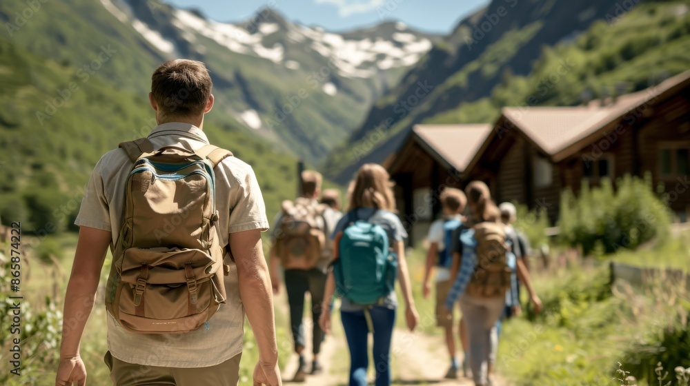 Group of hikers with backpacks walking towards mountain cabins in a scenic, lush valley on a sunny day. Group of hikers with backpacks walking towards mountain cabins in a scenic, lush valley on a sunny day.