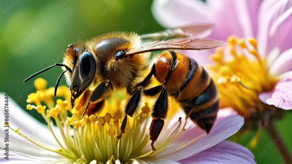 Honeybee on a pink flower. Honeybee on a pink flower.