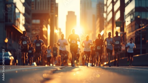Obraz na płótnie Group of runners participating in a city marathon during sunset, with the urban skyline as a backdrop. Energetic and inspiring scene. w salonie