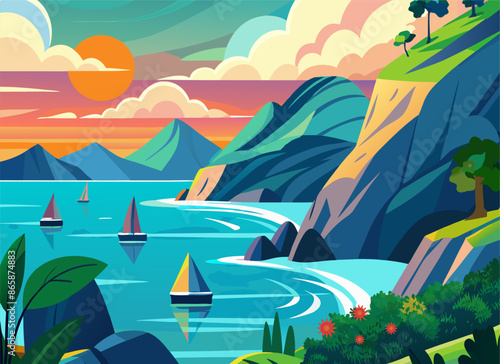 beach and mountain illustrations, sea ​​and sailboat