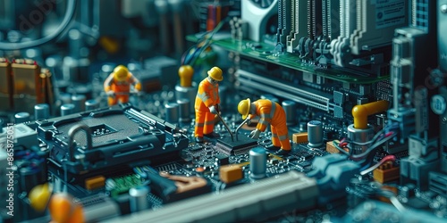 Engineers in construction hard hats fixing computer motherboard and components