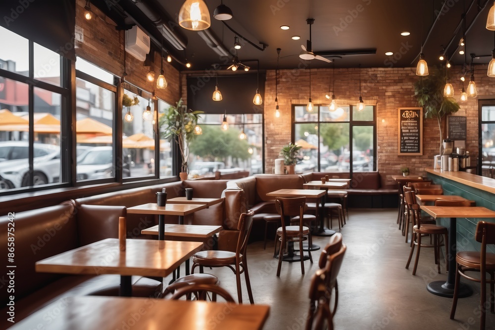 Light streams through a window in a stylishly furnished cafe with wooden tables and chairs Light streams through a window in a stylishly furnished cafe with wooden tables and chairs