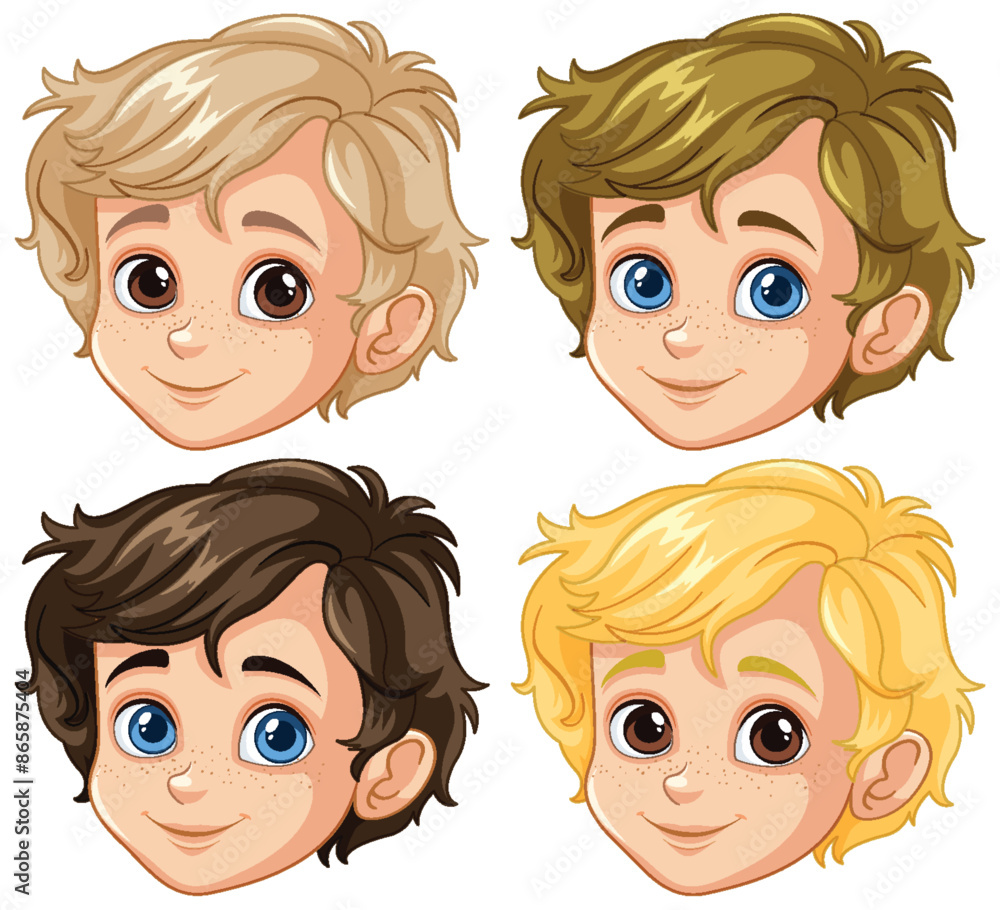 Four boys with different hair colors smiling Four boys with different hair colors smiling