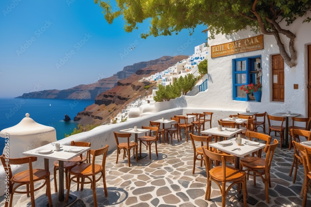 Fototapeta premium Beachside restaurant with chairs and tables on a terrace, perfect for relaxing summer vacation by the ocean