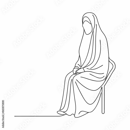 Continuous one line draw of young attractive middle east muslimah wearing burqa niqab cloth sitting on chair (23)