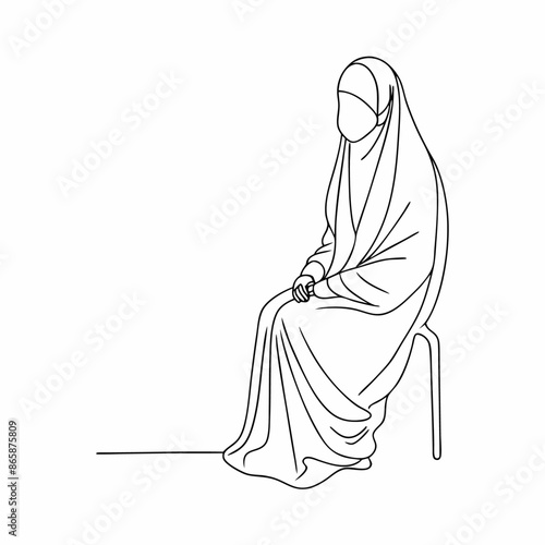 Continuous one line draw of young attractive middle east muslimah wearing burqa niqab cloth sitting on chair (29)