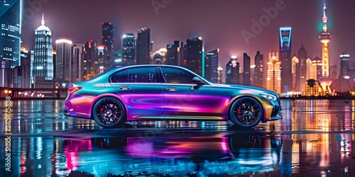 A Rainbow-Painted Luxury Car in Front of a Vibrant Cityscape. Concept Photoshoot Idea, Luxury Car, Rainbow Painted, Vibrant Cityscape, Colorful Backdrop photo