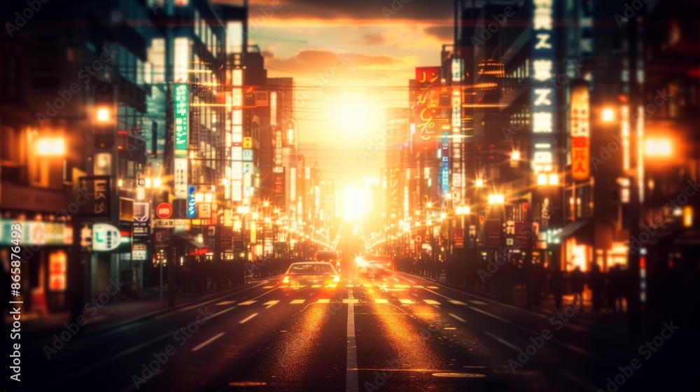 Fototapeta premium Illuminated city street during twilight with vibrant lights and urban architecture, creating a dynamic and captivating scene.