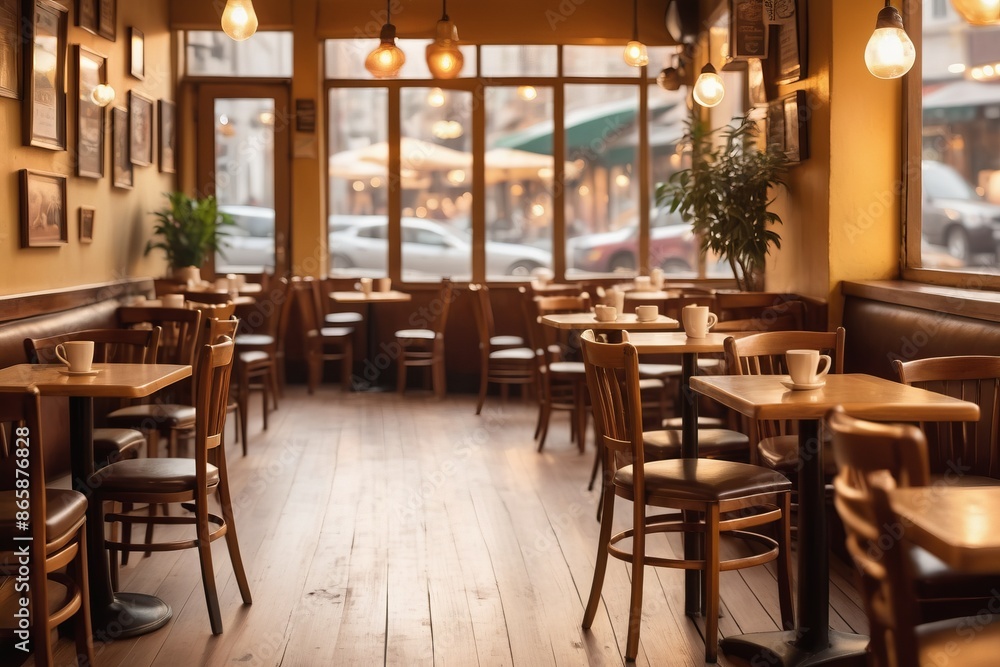 Obraz premium Light streams through a window in a stylishly furnished cafe with wooden tables and chairs