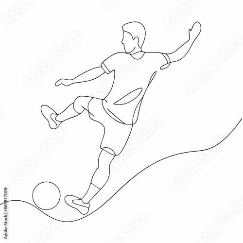 Continuous one line draw of young energetic football attacker kicking ball really hard to the goal (17)