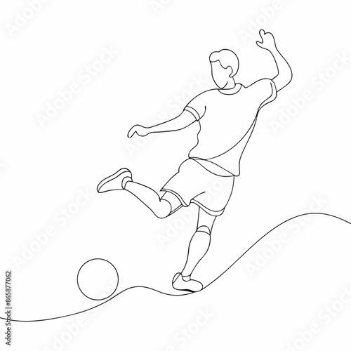 Continuous one line draw of young energetic football attacker kicking ball really hard to the goal (1)