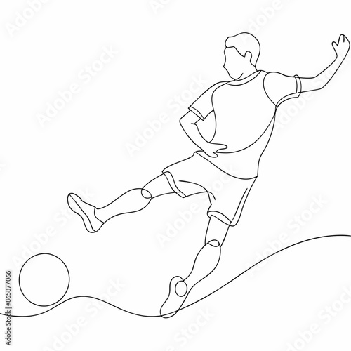 Continuous one line draw of young energetic football attacker kicking ball really hard to the goal (3)