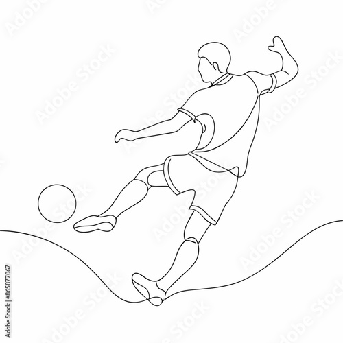 Continuous one line draw of young energetic football attacker kicking ball really hard to the goal (2)