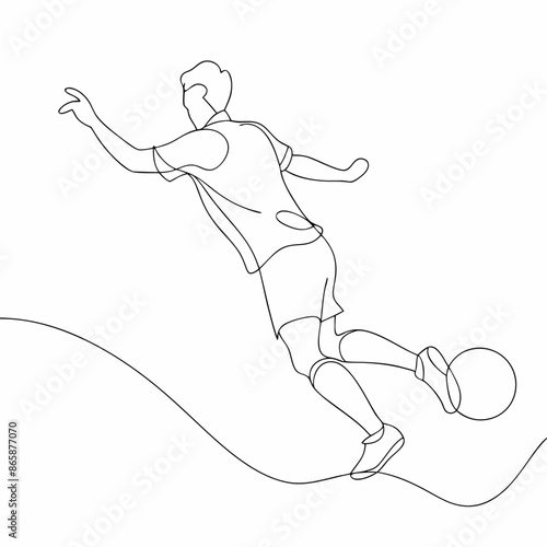 Continuous one line draw of young energetic football attacker kicking ball really hard to the goal (4)