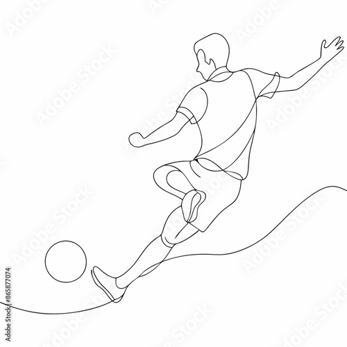 Continuous one line draw of young energetic football attacker kicking ball really hard to the goal (5)