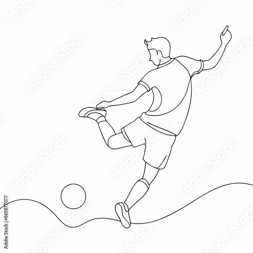 Continuous one line draw of young energetic football attacker kicking ball really hard to the goal (8)