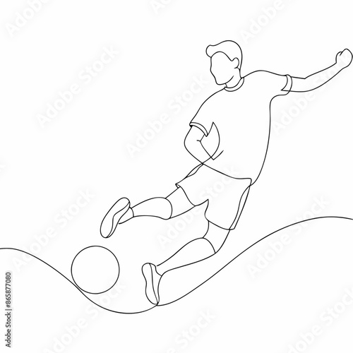 Continuous one line draw of young energetic football attacker kicking ball really hard to the goal (7)