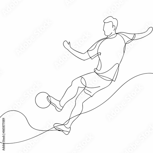 Continuous one line draw of young energetic football attacker kicking ball really hard to the goal (10)