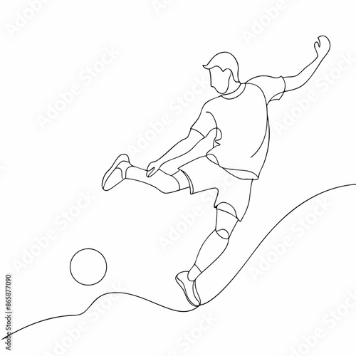 Continuous one line draw of young energetic football attacker kicking ball really hard to the goal (12)