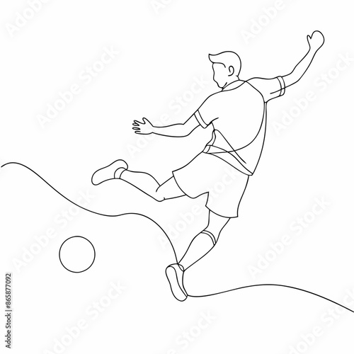 Continuous one line draw of young energetic football attacker kicking ball really hard to the goal (9)