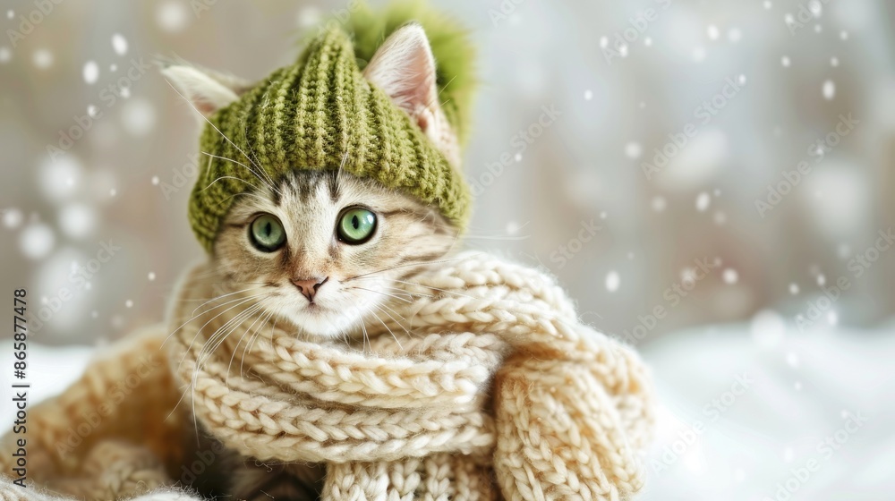 Kitten in knitwear on light background Spring theme with green eyed cat in hat and scarf Kitten in knitwear on light background Spring theme with green eyed cat in hat and scarf