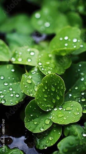 water drops on a green leaf HD 8K wallpaper Stock Photographic image 