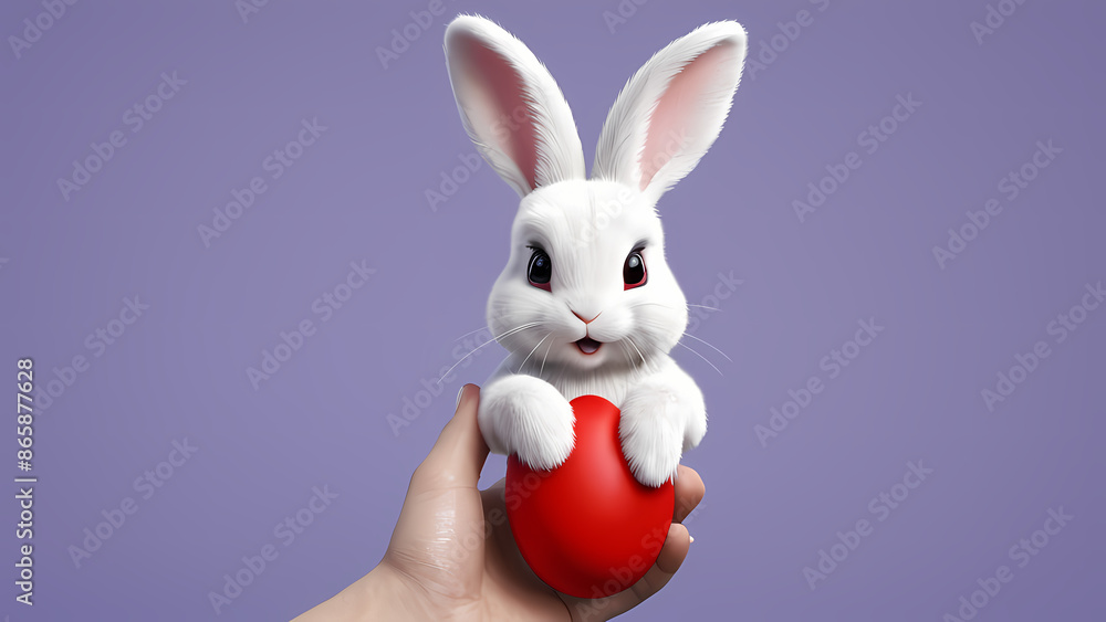 Obraz premium Person gripping red egg featuring white rabbit