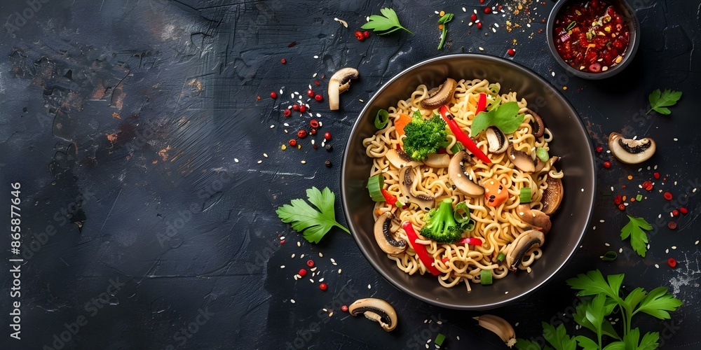 A Classic Meal Asian Instant Noodles with Shiitake Mushrooms and Vegetables. Concept Asian Cuisine, Instant Noodles, Shiitake Mushrooms, Vegetables, Classic Meal A Classic Meal Asian Instant Noodles with Shiitake Mushrooms and Vegetables. Concept Asian Cuisine, Instant Noodles, Shiitake Mushrooms, Vegetables, Classic Meal