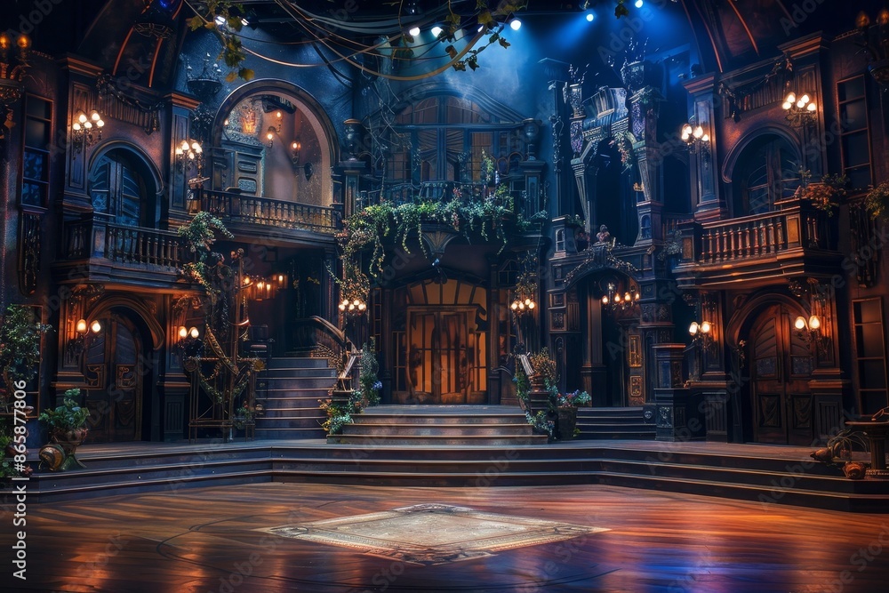 Fototapeta premium A dramatic theater stage set, with elaborate props and lighting creating a captivating and immersive environment for a live performance