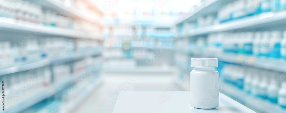 White bottle on a counter in a pharmacy, with blurred background of shelves filled with medicine and pharmaceutical products. White bottle on a counter in a pharmacy, with blurred background of shelves filled with medicine and pharmaceutical products.