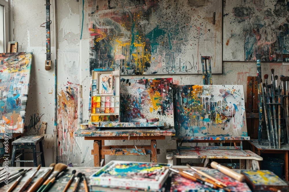 Fototapeta premium An artist's studio filled with canvases, paintbrushes, and splashes of color, capturing the creative chaos and inspiration of the artistic process
