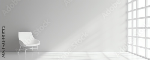 Modern minimalist room with a white chair and natural light streaming through a large window, featuring clean lines and a serene atmosphere.