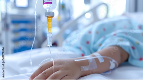 Close-up of a child's hand with an IV drip in a hospital, highlighting medical care and recovery in a clinical setting.
 photo