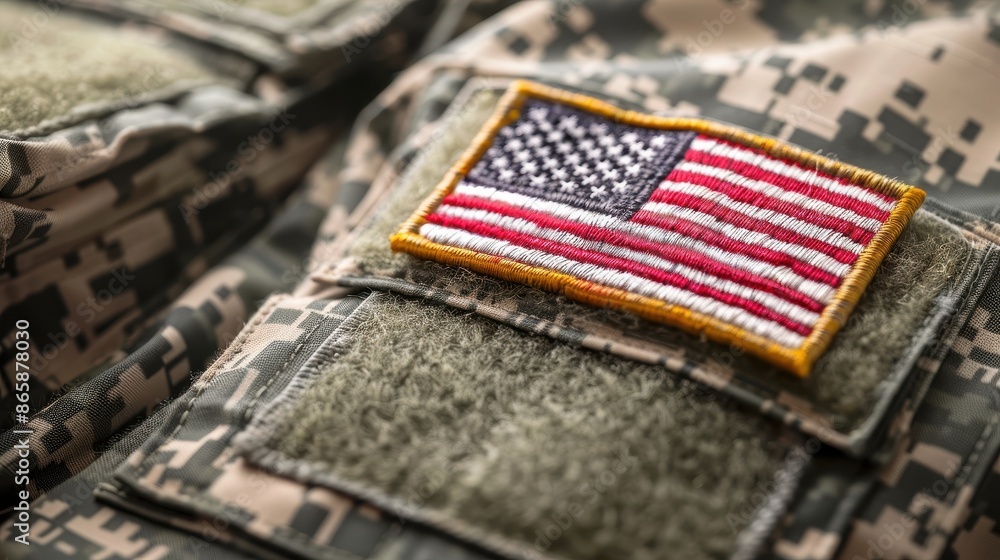 Fototapeta premium Patriotism and Pride: Close-up of American Flag Patch on Military Uniform
