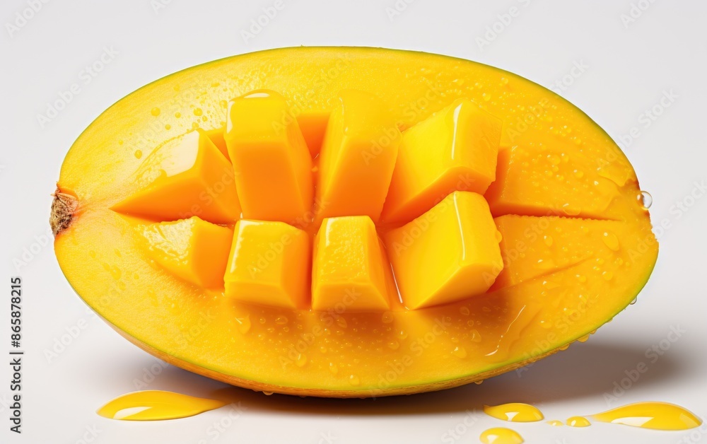 Vibrant Mango Slice Macro Photography on White Background - High Contrast Tropical Fruit Realism with Sony A7R IV Vibrant Mango Slice Macro Photography on White Background - High Contrast Tropical Fruit Realism with Sony A7R IV