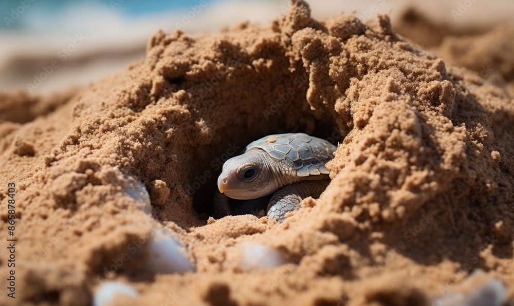 Obraz premium Miracle of Life: Close-up Hatching of Sea Turtle Egg with Baby Flipper Emerging in Realistic Detail on Sandy Background