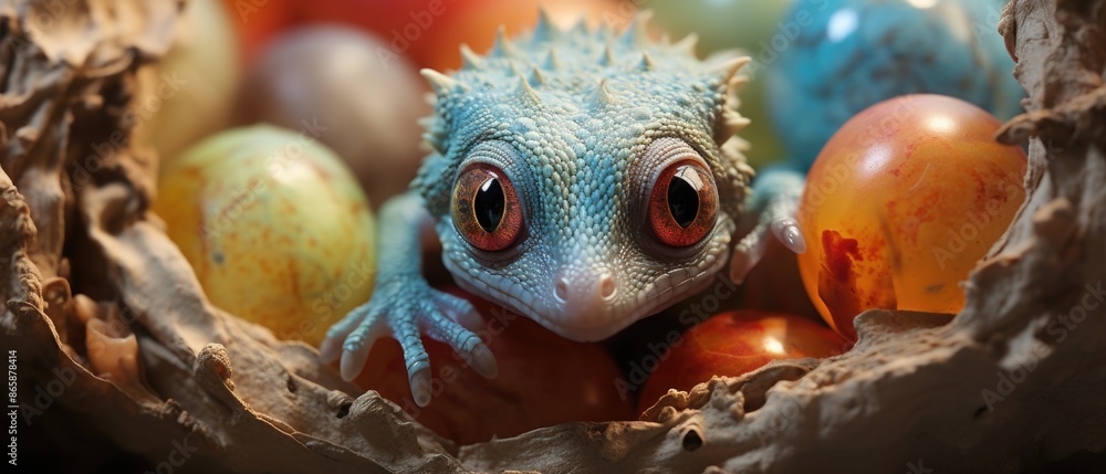 Obraz premium Intricate Beauty Unveiled: Close-up of a Gecko Egg Hatching with Stunning Realism and Vivid Details