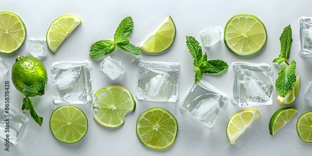 Refreshing Ice Cubes with Mint Leaves, Lime, Lemon, Soda, or Cocktails on a White Background. Concept Food Photography, Beverage Styling, Fresh Ingredients, Summer Drinks, Cocktail Garnishes Refreshing Ice Cubes with Mint Leaves, Lime, Lemon, Soda, or Cocktails on a White Background. Concept Food Photography, Beverage Styling, Fresh Ingredients, Summer Drinks, Cocktail Garnishes