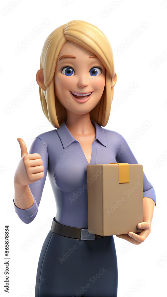 Smiling 3D Cartoon Woman Holding Package and Giving Thumbs Up