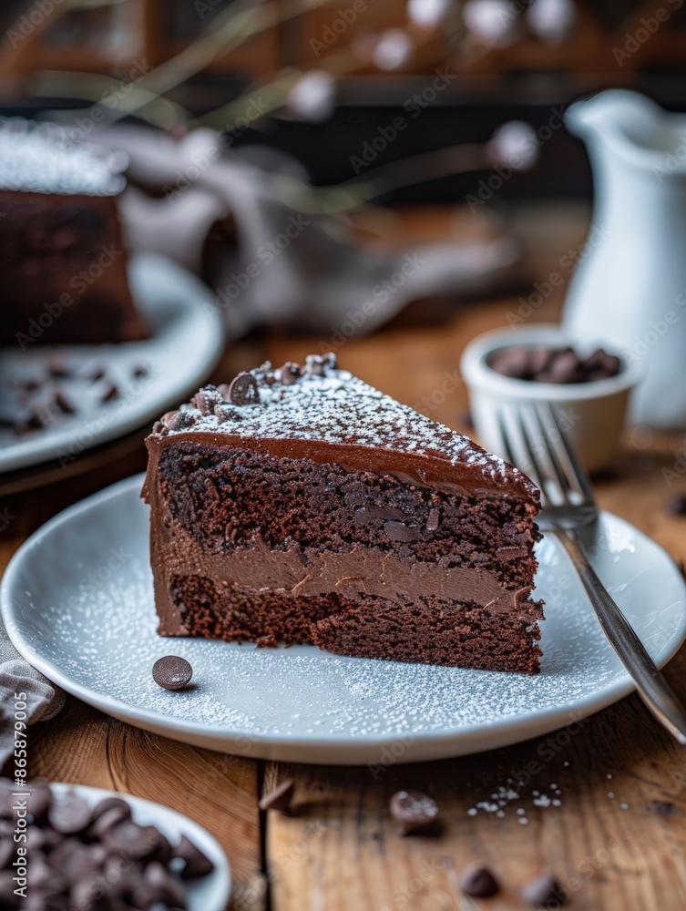 Delicious slice of rich chocolate cake served on a white plate, garnished with powdered sugar, perfect for dessert lovers. Delicious slice of rich chocolate cake served on a white plate, garnished with powdered sugar, perfect for dessert lovers.