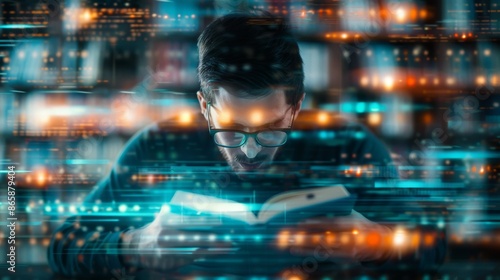 Man reading a book with digital data overlay, illustrating the merging of technology and literature in a futuristic setting.